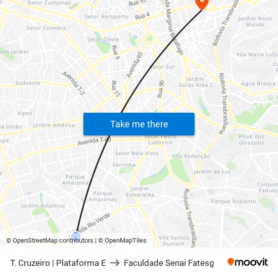 T. Cruzeiro | Plataforma E to Faculdade Senai Fatesg map