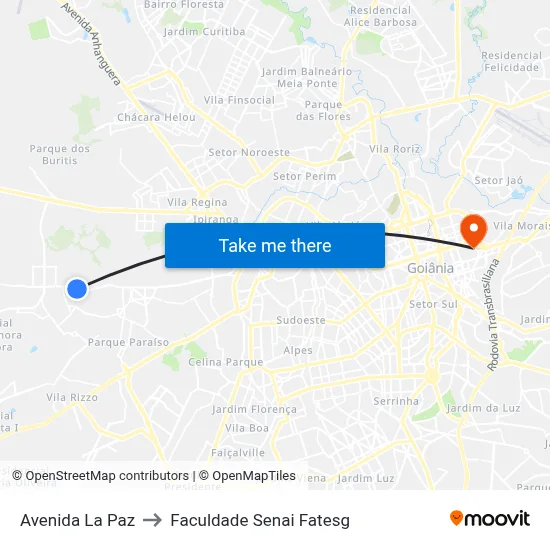 Avenida La Paz to Faculdade Senai Fatesg map