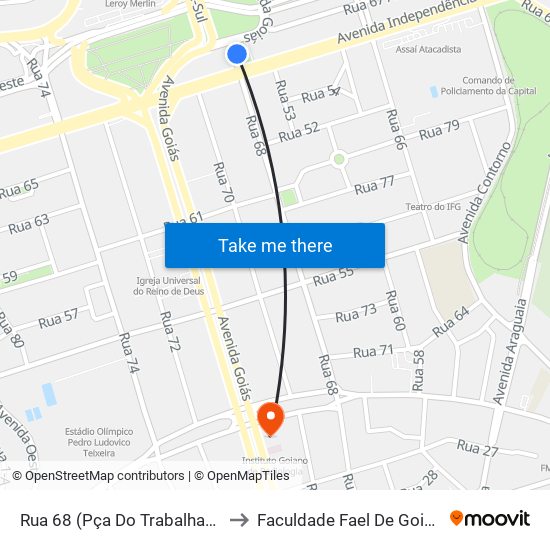 Rua 68 (Pça Do Trabalhador) to Faculdade Fael De Goiânia map