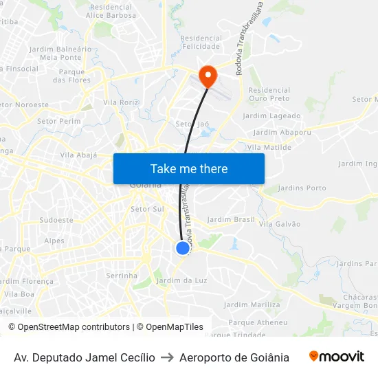 Av. Deputado Jamel Cecílio to Aeroporto de Goiânia map