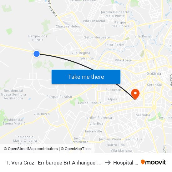 T. Vera Cruz | Embarque Brt Anhanguera | Sentido: Pe. Pelágio to Hospital Unique map