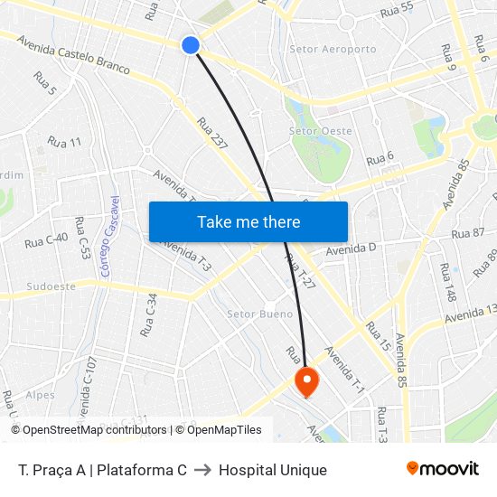T. Praça A | Plataforma C to Hospital Unique map