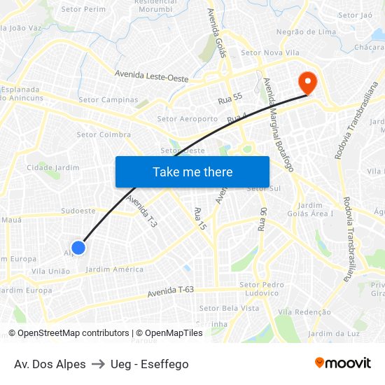 Av. Dos Alpes to Ueg - Eseffego map