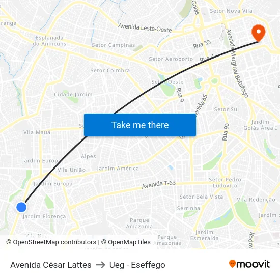 Avenida César Lattes to Ueg - Eseffego map