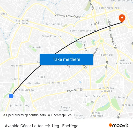 Avenida César Lattes to Ueg - Eseffego map