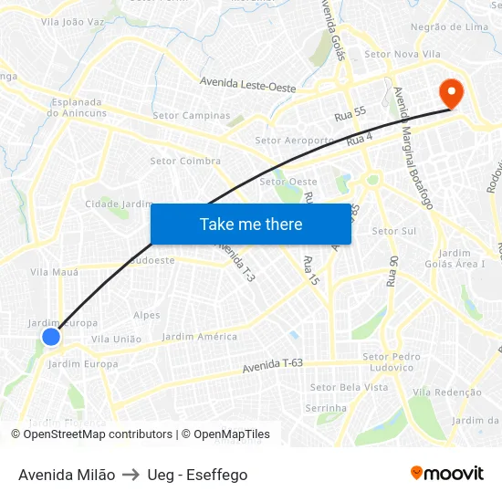 Avenida Milão to Ueg - Eseffego map