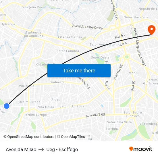 Avenida Milão to Ueg - Eseffego map