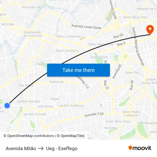 Avenida Milão to Ueg - Eseffego map