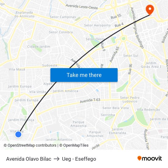 Avenida Olavo Bilac to Ueg - Eseffego map