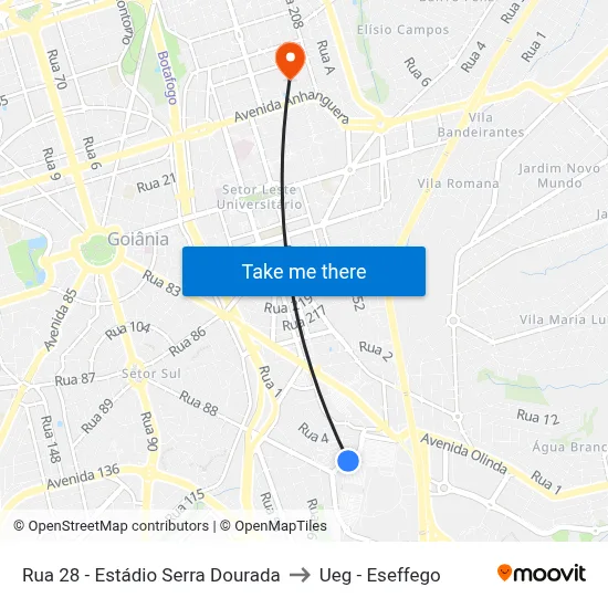 Rua 28 - Estádio Serra Dourada to Ueg - Eseffego map
