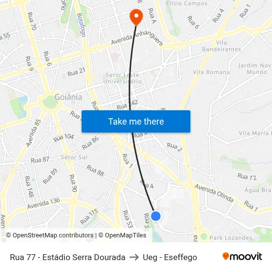 Rua 77 - Estádio Serra Dourada to Ueg - Eseffego map