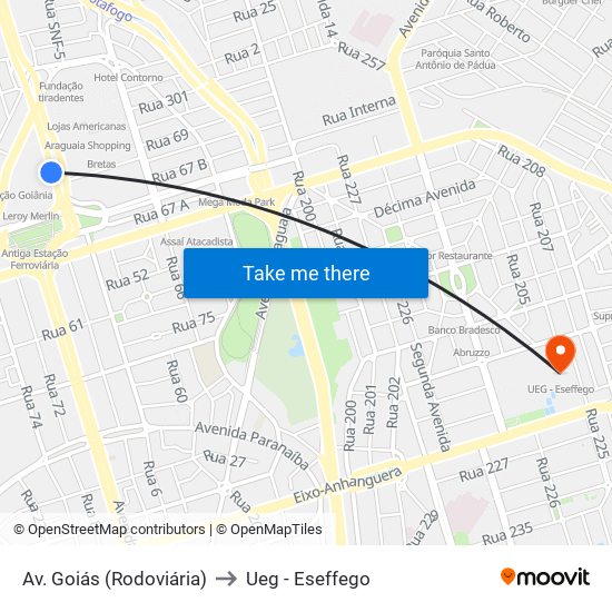 Av. Goiás (Rodoviária) to Ueg - Eseffego map