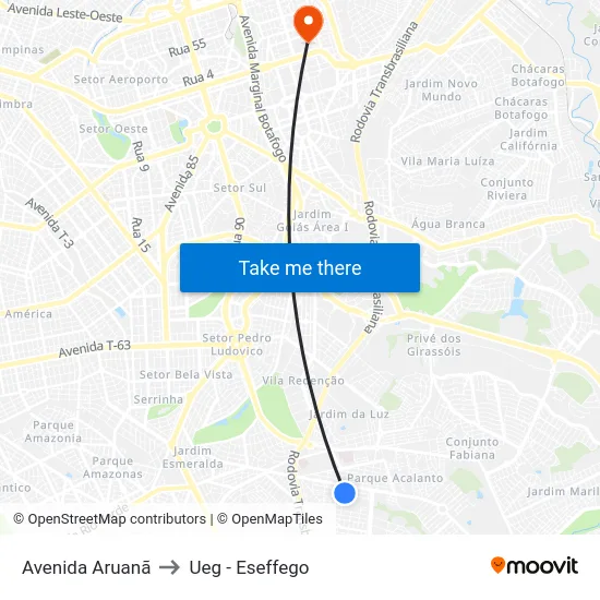 Avenida Aruanã to Ueg - Eseffego map