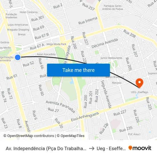 Av. Independência (Pça Do Trabalhador) to Ueg - Eseffego map
