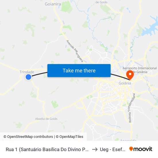 Rua 1 (Santuário Basílica Do Divino Pai Eterno) to Ueg - Eseffego map