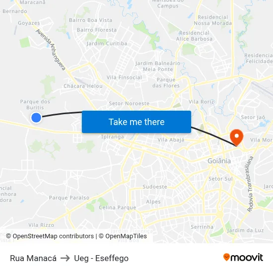 Rua Manacá to Ueg - Eseffego map