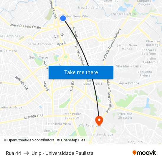 Rua 44 to Unip - Universidade Paulista map