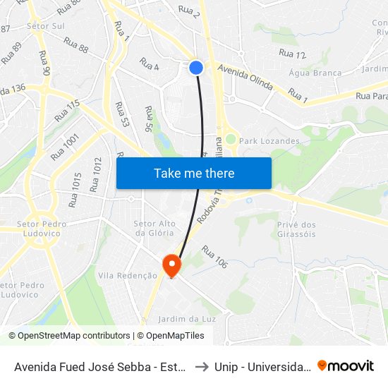 Avenida Fued José Sebba - Estádio Serra Dourada to Unip - Universidade Paulista map