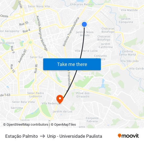 Estação Palmito to Unip - Universidade Paulista map