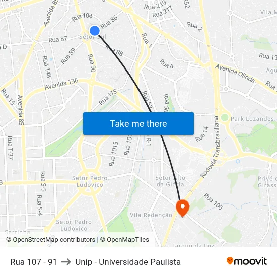 Rua 107 - 91 to Unip - Universidade Paulista map