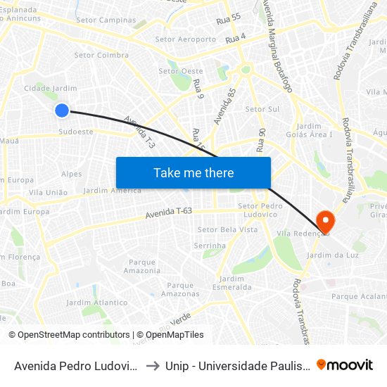 Avenida Pedro Ludovico to Unip - Universidade Paulista map