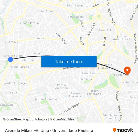 Avenida Milão to Unip - Universidade Paulista map