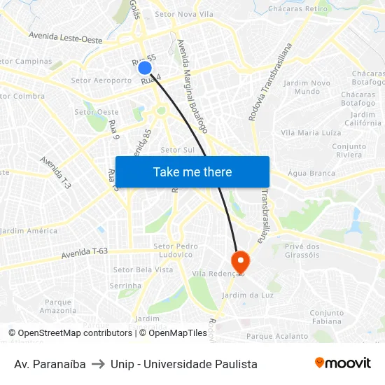 Av. Paranaíba to Unip - Universidade Paulista map
