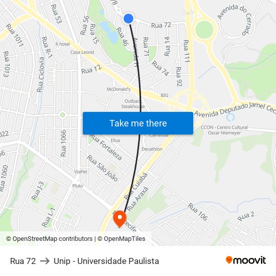 Rua 72 to Unip - Universidade Paulista map