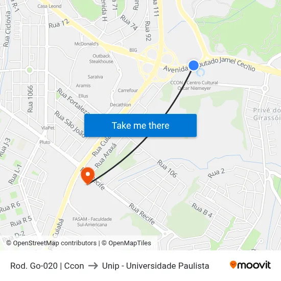 Rod. Go-020 | Ccon to Unip - Universidade Paulista map