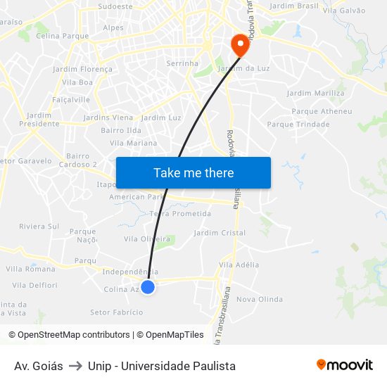 Av. Goiás to Unip - Universidade Paulista map