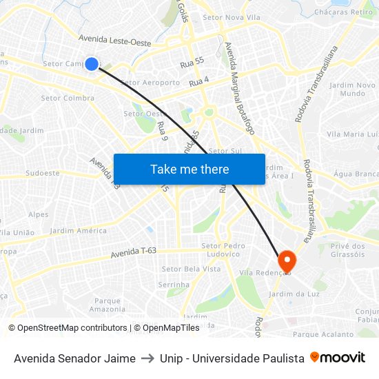 Avenida Senador Jaime to Unip - Universidade Paulista map