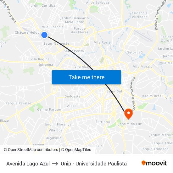 Avenida Lago Azul to Unip - Universidade Paulista map