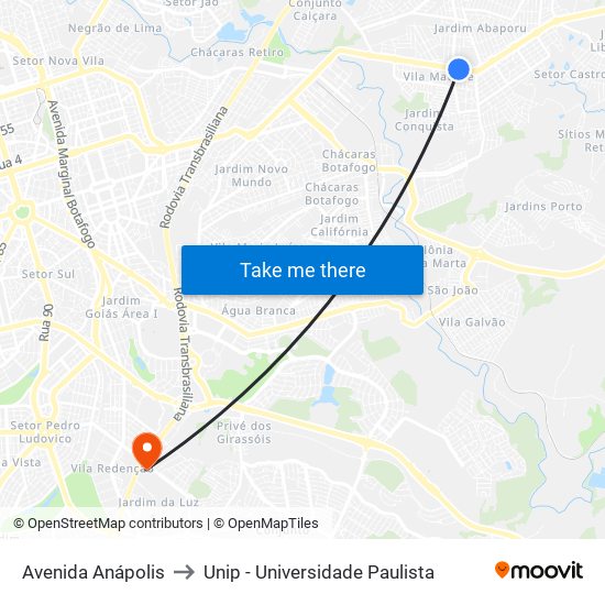 Avenida Anápolis to Unip - Universidade Paulista map