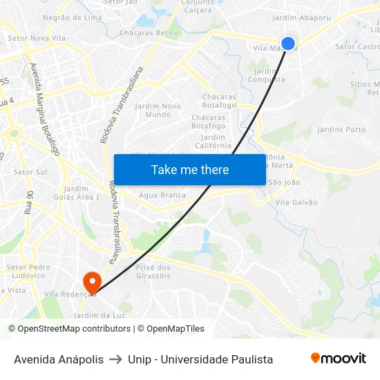 Avenida Anápolis to Unip - Universidade Paulista map