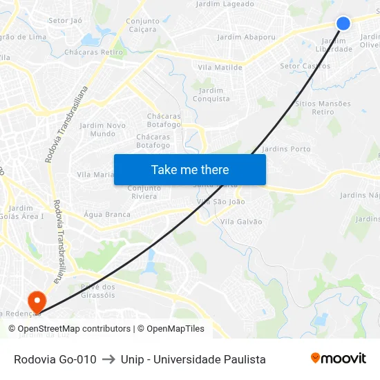 Rodovia Go-010 to Unip - Universidade Paulista map