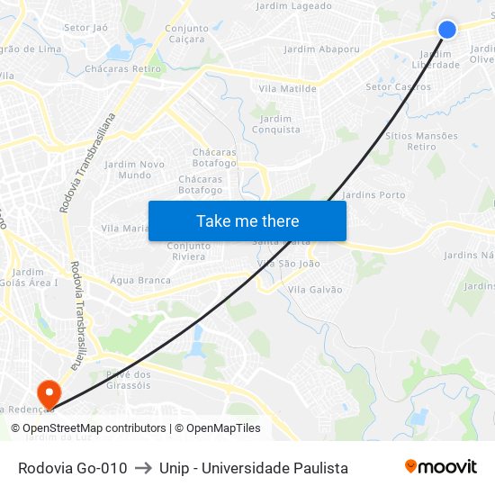 Rodovia Go-010 to Unip - Universidade Paulista map