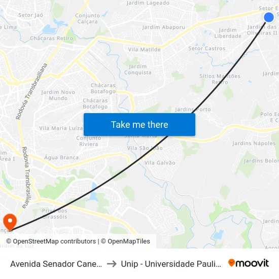 Avenida Senador Canedo to Unip - Universidade Paulista map