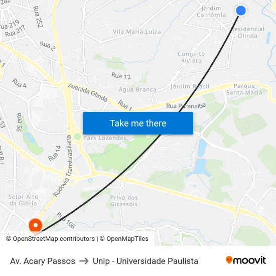 Av. Acary Passos to Unip - Universidade Paulista map