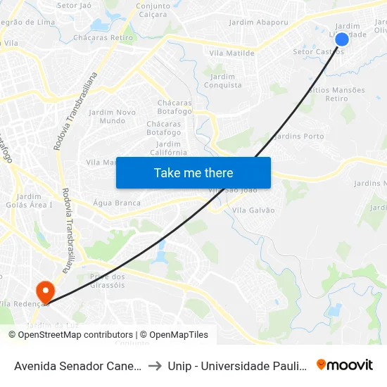 Avenida Senador Canedo to Unip - Universidade Paulista map