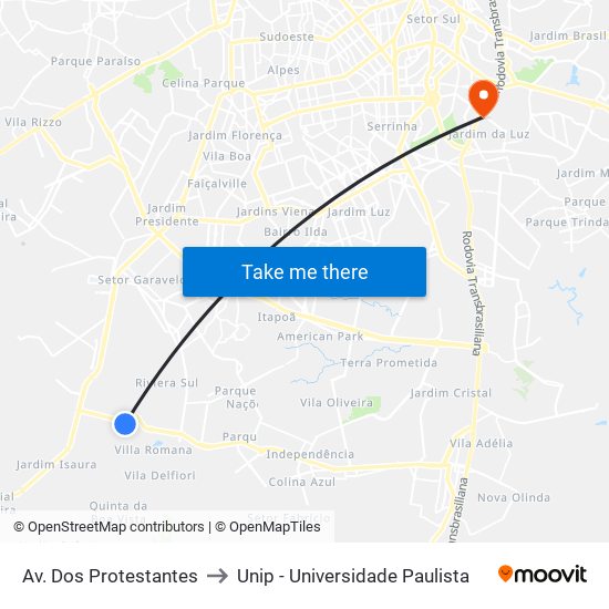 Av. Dos Protestantes to Unip - Universidade Paulista map