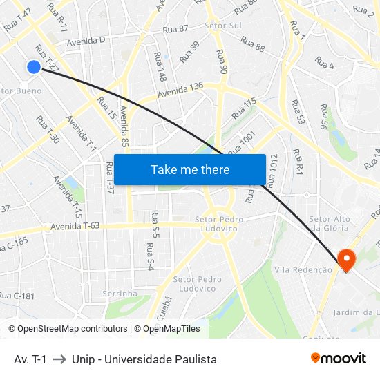 Av. T-1 to Unip - Universidade Paulista map