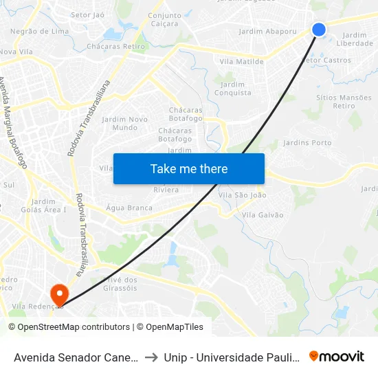 Avenida Senador Canedo to Unip - Universidade Paulista map