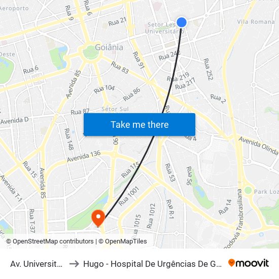 Av. Universitária to Hugo - Hospital De Urgências De Goiânia map