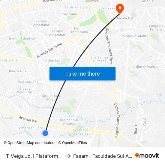 T. Veiga Jd. | Plataforma Norte 5 to Fasam - Faculdade Sul-Americana map