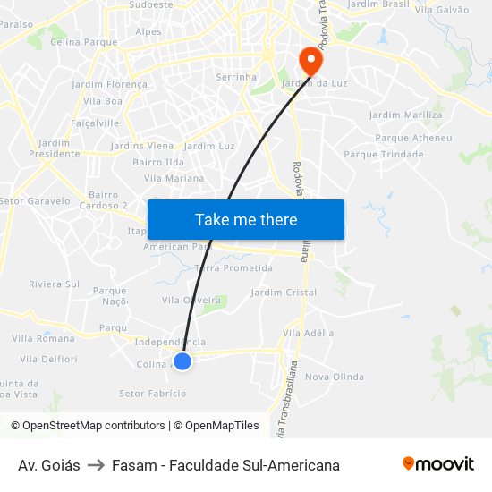 Av. Goiás to Fasam - Faculdade Sul-Americana map