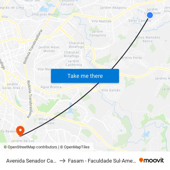 Avenida Senador Canedo to Fasam - Faculdade Sul-Americana map