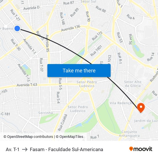 Av. T-1 to Fasam - Faculdade Sul-Americana map