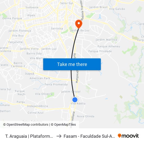 T. Araguaia | Plataforma Norte 5 to Fasam - Faculdade Sul-Americana map