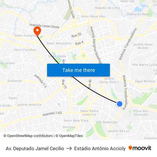 Av. Deputado Jamel Cecílio to Estádio Antônio Accioly map