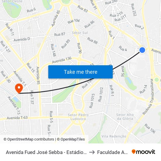 Avenida Fued José Sebba - Estádio Serra Dourada to Faculdade Araguaia map
